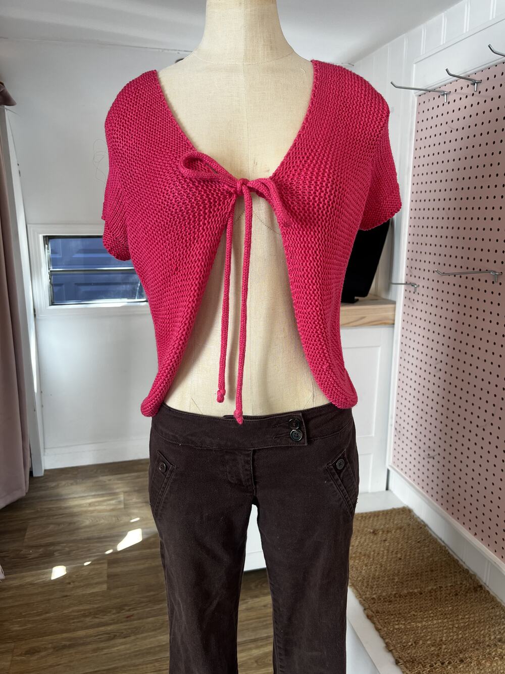 Pink Open Knit Tie-Front Short Sleeve Cardigan Top